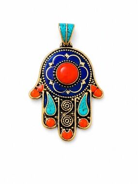 Tibetan Hamas Pendant 
Turquoise Coral and Lapis